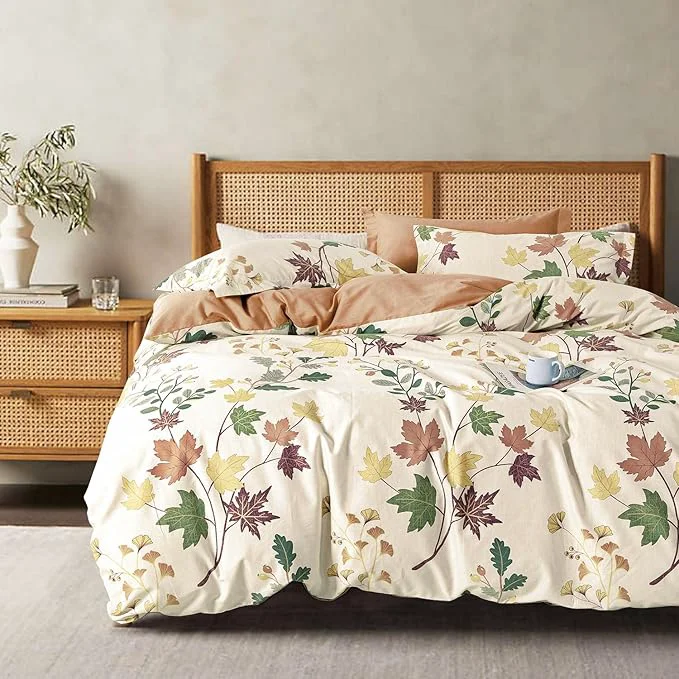 Responsible Botanical Cotton Comforter King Size – Luxurious Design with Maple Leaves and Branches on Beige Textured Maple Orange Back 3PC Lightweight Bedding Set with Ultra-Soft Fill Excellent