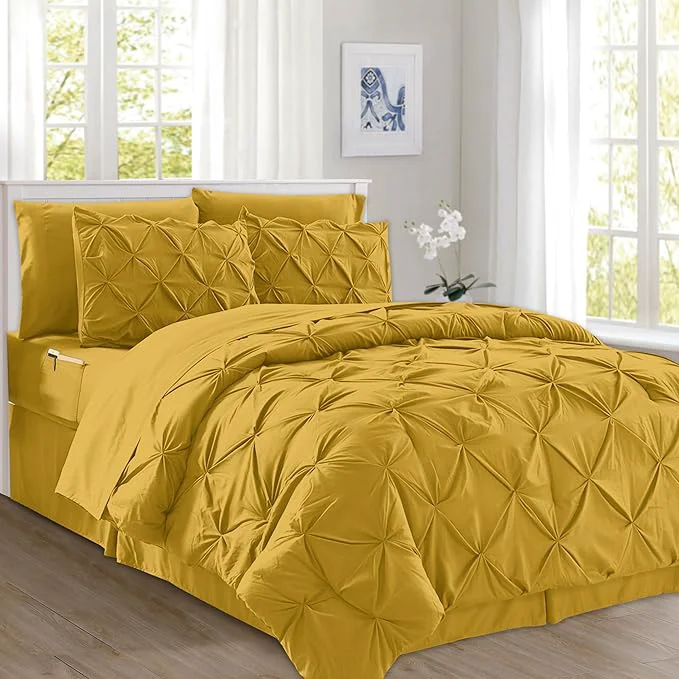 High-Quality Elegant Comfort 8-Piece Pinch Pleated Comforter Set – All Season Complete Bed in a Bag Includes 4pc Smart Sheet Set Bed Skirt Comforter Matching Pillowcases and Shams Full Queen Mustard Yellow Powerful