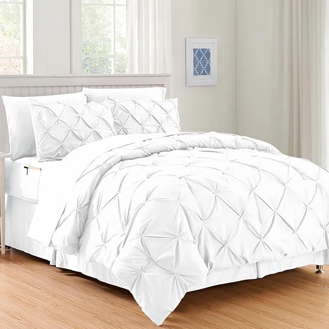 Comfortable Elegant Comfort 8-Piece Pinch Pleated Comforter Set – All Season Complete Bed in a Bag Includes 4pc Smart Sheet Set Bed Skirt Comforter Matching Pillowcases and Shams Full Queen White Expertly Made