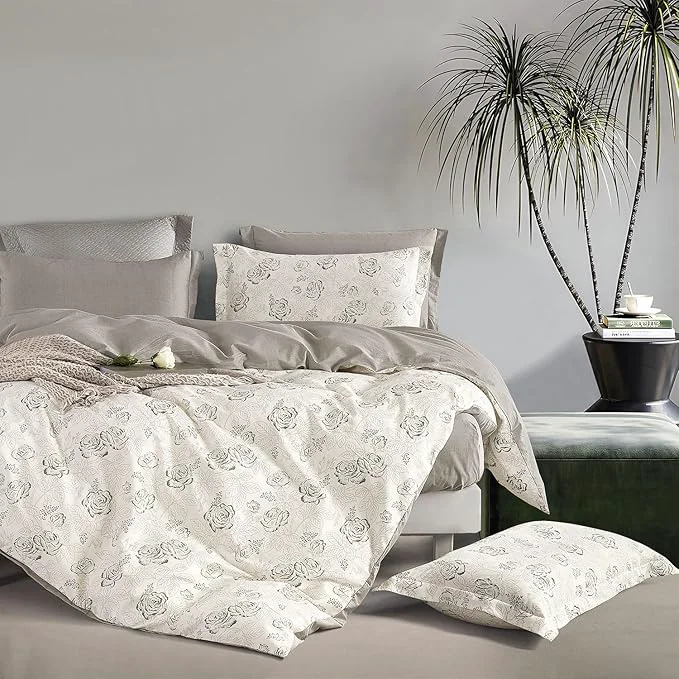 Certified Vintage Botanical Cotton Comforter Queen Size 3PC – Elegant Floral Sketch on Ivory White with Tan Herringbone Reverse – Reversible Lightweight Comforter Set with Soft Fill 90 quot ×90 quot Healthy