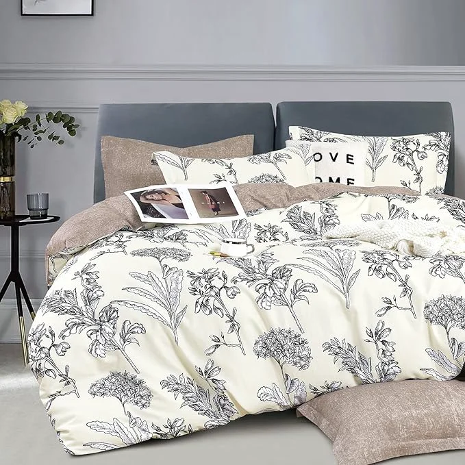 Specialty Floral Cotton Comforter Twin Size 2Pcs – Vintage Design with Luxurious Black Sketched Flowers amp Leaves on Cream Retro Taupe Reversible Lightweight Bedding Sets with Soft Fill 68 quot ×90 quot Trendy