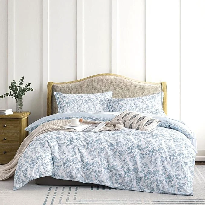 Healthy Vintage Cotton Comforter King Size 3Pcs – Elegant Pale Slate Blue Floral Pattern on White with Light Blue amp White Striped Reverse Luxurious Lightweight Bedding Sets with Soft Fill 104 quot ×90 quot Detailed