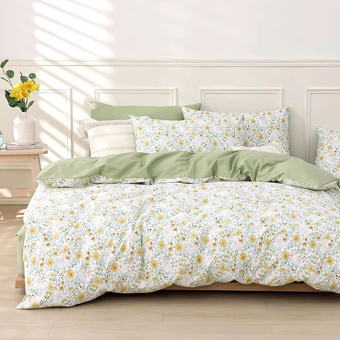 Safe Floral Cotton Comforter King Size 3Pcs – Yellow and Blue Tiny Flowers amp Little Lambs on White Sage Green Back Reversible Lightweight Bedding Sets with Soft Fill King 104 quot ×90 quot Outstanding