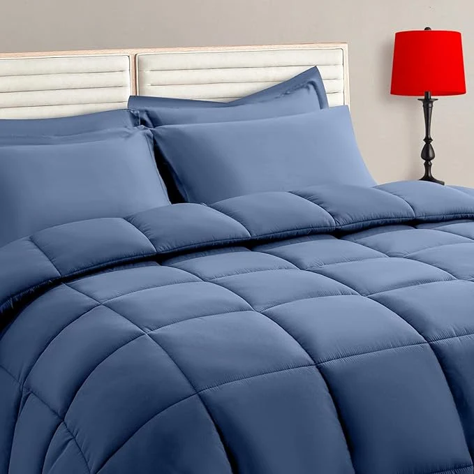 Healthy TAIMIT Slate Blue Queen Size Comforter Set – 7 Pieces Bed in a Bag Bedding Sets with All Season Soft Quilted Warm Fluffy Reversible Comforter Flat Sheet Fitted Sheet 2 Pillow Shams 2 Pillowcases Smooth