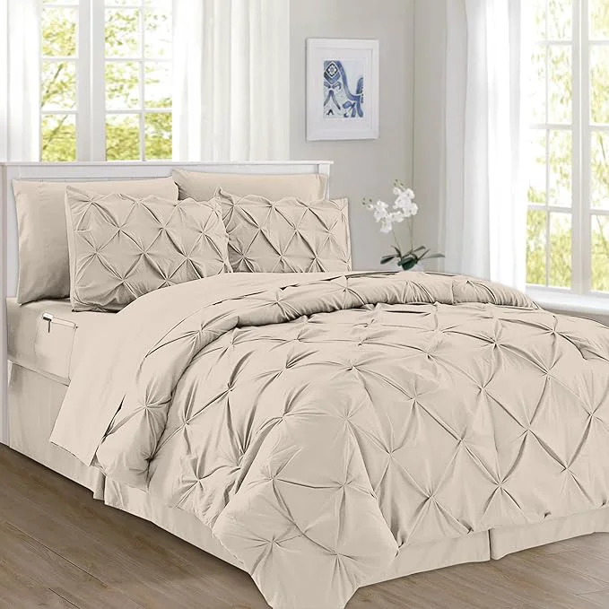 Smooth Elegant Comfort 8-Piece Pinch Pleated Comforter Set – All Season Complete Bed in a Bag Includes 4pc Smart Sheet Set Bed Skirt Comforter Matching Pillowcases and Shams Full Queen Cream Next-Generation