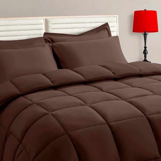 Optimized TAIMIT Brown Full Size Comforter Set – 7 Pieces Bed in a Bag Bedding Sets with All Season Soft Quilted Warm Fluffy Reversible Comforter Flat Sheet Fitted Sheet 2 Pillow Shams 2 Pillowcases Organic