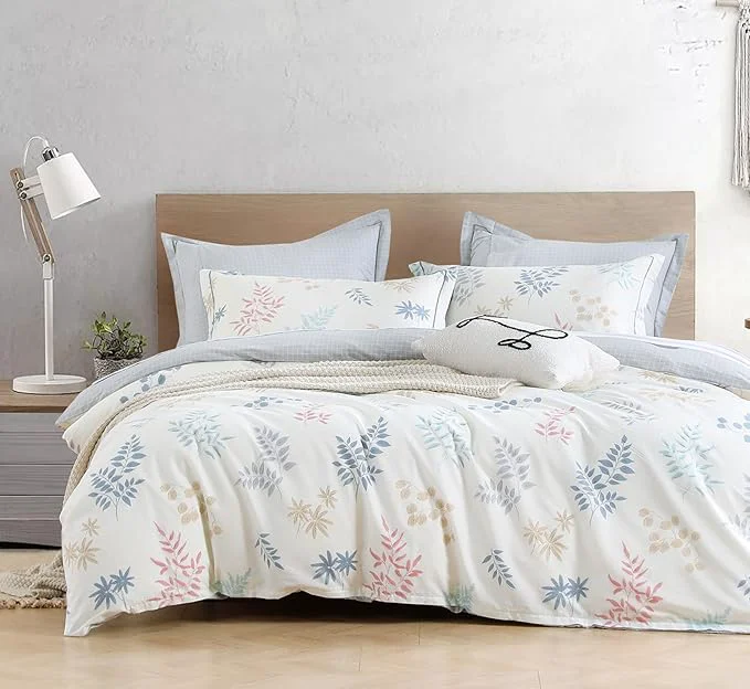 Versatile White Cotton Comforter King Size 3Pcs – Blue Beige and Blush Botanicals Pattern on White Gray Grid Back Reversible Lightweight Bedding Sets with Soft Fill King 104 quot ×90 quot Trendy