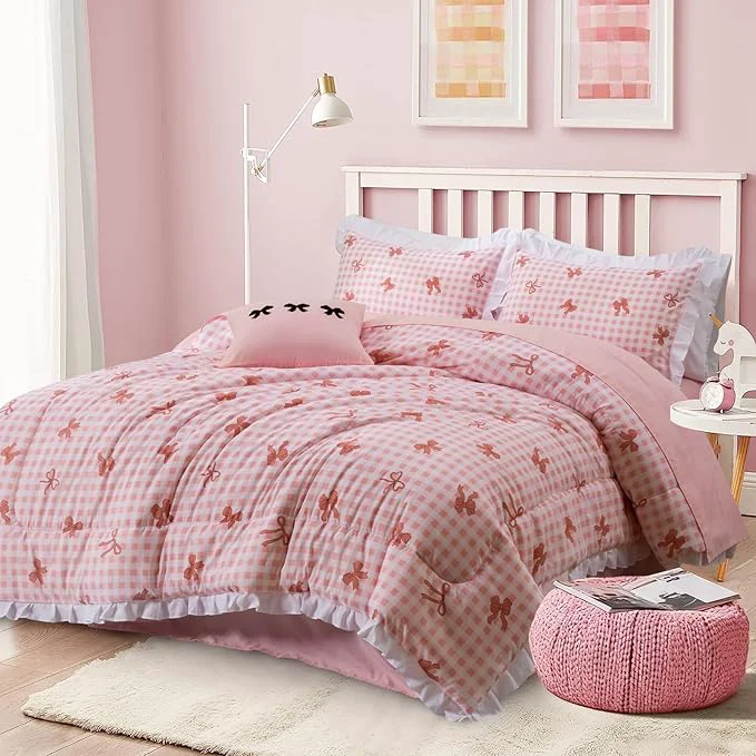 Quality A Nice Night Bow Comforter Set 6 Piece Bed in a Bag with Comforter amp Sheet Set Chic Grid Bowknot Bedding Sets Princess Themed Bed Sets for Kids Girls Twin Eco-Friendly