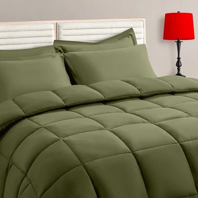 Fine TAIMIT Olive Green Full Size Comforter Set – 7 Pieces Bed in a Bag Bedding Sets with All Season Soft Quilted Warm Fluffy Reversible Comforter Flat Sheet Fitted Sheet 2 Pillow Shams 2 Pillowcases Expertly Made