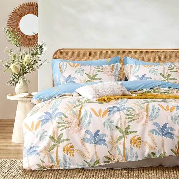 Enhanced Tropical Coastal Blue Cotton Comforter Twin Size 2Pcs – Bright Orange Olive Green amp Beige Palm and Leaf Patterns Botanical Lightweight Reversible Bedding Sets with Soft Fill 68 quot ×90 quot Healthy