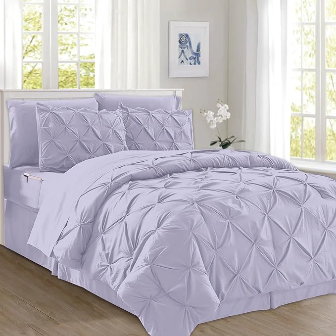 Quality Elegant Comfort 8-Piece Pinch Pleated Comforter Set – All Season Complete Bed in a Bag Includes 4pc Smart Sheet Set Bed Skirt Comforter Matching Pillowcases and Shams Full Queen Lavender Official