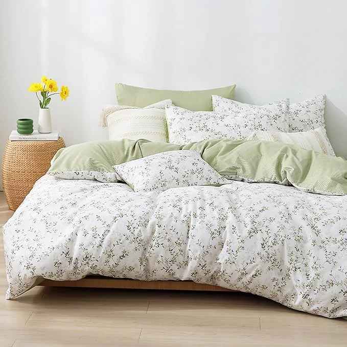 Fine Botanical Cotton Comforter King Size – Tender Green Comforter Printed with Leafy Branches amp Purple Stamens on Off-White Reversible Lightweight Bedding Sets 3Pcs Top-Quality