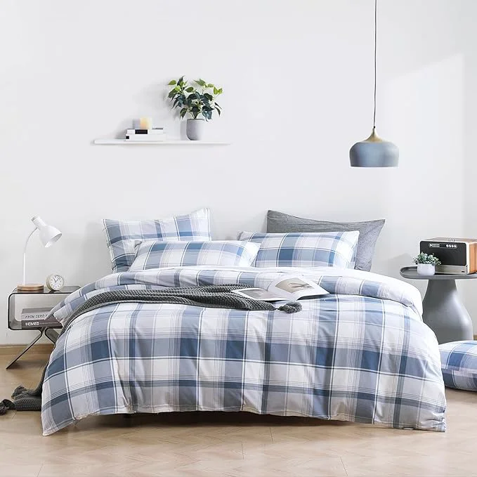 Natural Vintage Cotton Comforter Twin Size 2Pcs – Classic Tartan Plaid Pattern with Denim Blue Soft Gray and White Lightweight Bedding Sets with Soft Fill 1 Comfoter 1 Pillowcase Crafted