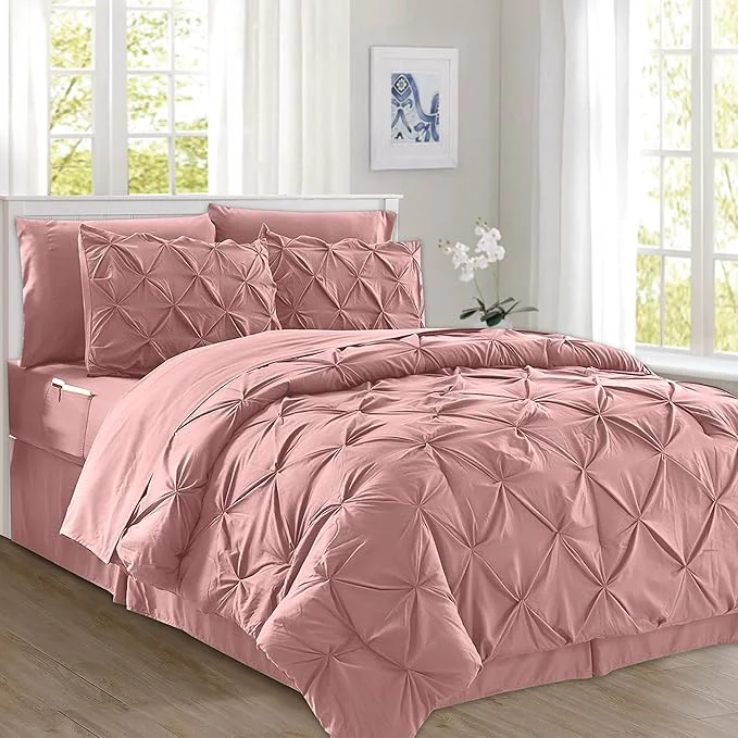 User-Friendly Elegant Comfort 8-Piece Pinch Pleated Comforter Set – All Season Complete Bed in a Bag Includes 4pc Smart Sheet Set Bed Skirt Comforter Matching Pillowcases and Shams Full Queen Dusty Rose Responsible