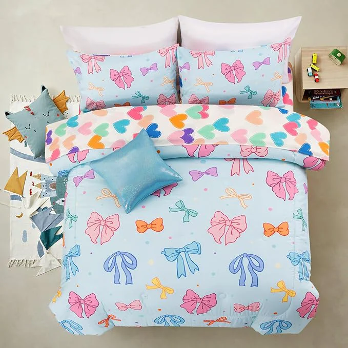 Luxury A Nice Night Full Size Bed in A Bag Bow Comforter Set for Kids Quilt Bedding Set with Bowknot amp Chic Polka Dot Pattern Blue Background Room Decor for Girls Next-Generation