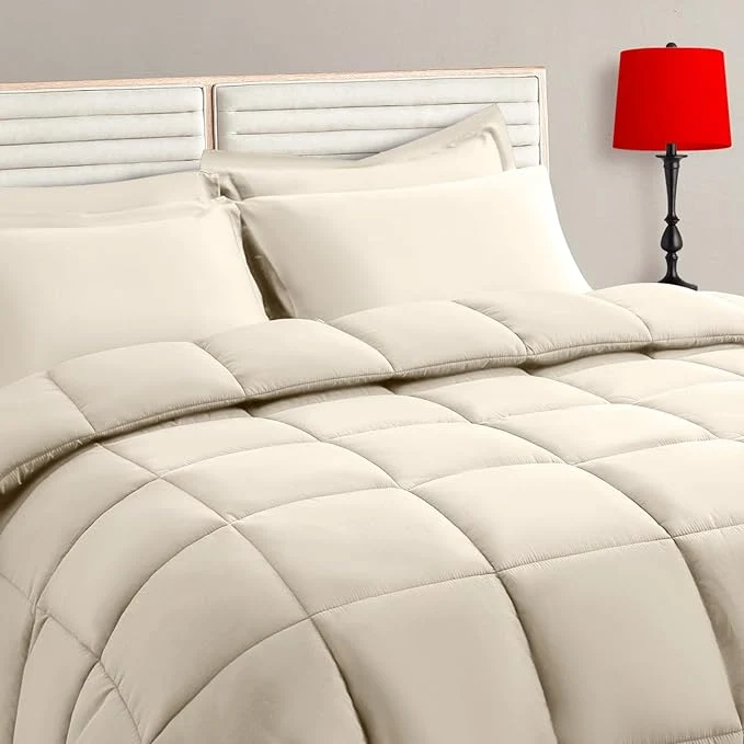 Certified TAIMIT Light Beige Full Size Comforter Set – 7 Pieces Bed in a Bag Bedding Sets with All Season Soft Quilted Warm Fluffy Reversible Comforter Flat Sheet Fitted Sheet 2 Pillow Shams 2 Pillowcases Breathable