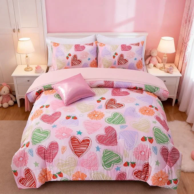 Effective A Nice Night 6 Piece Comforter Set Bed in a Bag with Comforter amp Sheet Set Watercolor Pink Bow Hearts Flower Strawberries Printed Bedding Sets Kids Girls Twin Quality