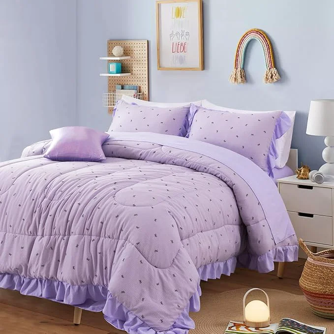 User-Friendly A Nice Night Delicate Bows Print On Purple Background Bedding Set Ruffle 6 Piece Bed in a Bag Matching Sheet Set Princess Style Chic Bowknot Printed Queen Certified