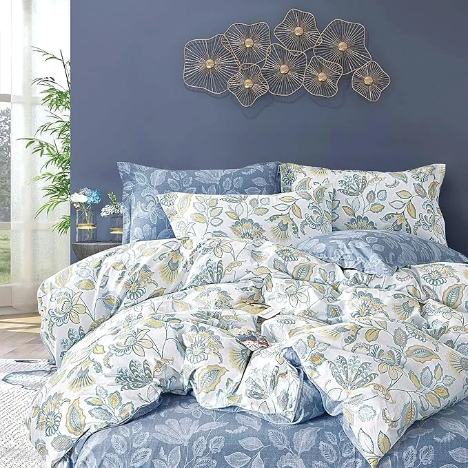 Verified Vintage Botanical Cotton Comforter Queen Size 3PC – Lavish Floral on Bluish White with Frost Blue Back Reversible Lightweight Comforter Set with Soft Fill 90 quot ×90 quot Relaxed