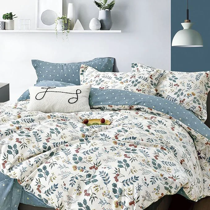 Elite Botanical Cotton Comforter Queen Size – Lake Green Comforter with Dusky Blue amp Warm Rust Leaves on Ivory Reversible Lightweight Bedding Sets 3Pcs Polka Dot Flexible