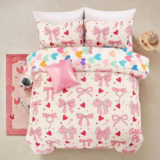 Innovative A Nice Night Chic Bowknot Kids Comforter Set for Girls Twin Size 6 Piece Bed in a Bag Soft Polyester Bedding Set with Love Bow amp Polka Dot Design Beige Convenient