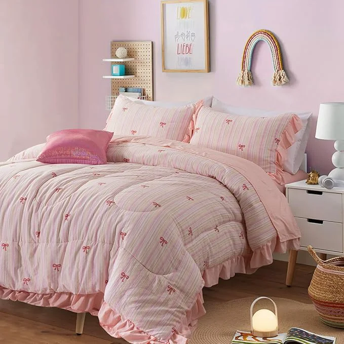 Refined A Nice Night Rainbow Stripes amp Bows Bedding Set Ruffle 6 Piece Bed in a Bag Matching Sheet Set Princess Style Chic Bow Printed Light Pink Room Decor for Girls Queen Healthy