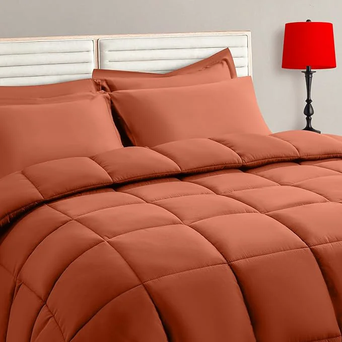 Effective TAIMIT Burnt Orange Full Size Comforter Set – 7 Pieces Bed in a Bag Bedding Sets with All Season Soft Quilted Warm Fluffy Reversible Comforter Flat Sheet Fitted Sheet 2 Pillow Shams 2 Pillowcases Unique