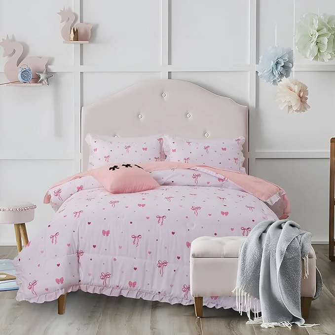 Unique A Nice Night Polka Dot Bow Comforter Set 6 Piece Bed in a Bag Chic Bowknot Bedding Sets Princess Ruffle Style White Room Decor for Girls Twin Clean