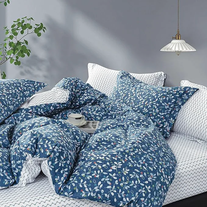Prestigious Blue Floral Cotton Comforter Queen Size – White Leaves with Delicate Soft Green amp Blush Floral Print Blue Chevron on White Reverse – 3PC Lightweight Bedding Set with Soft Fill 90 quot ×90 quot Efficient