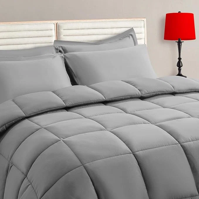 World-Class TAIMIT Grey King Size Comforter Set – 7 Pieces Bed in a Bag Bedding Sets with All Season Soft Quilted Warm Fluffy Reversible Comforter Flat Sheet Fitted Sheet 2 Pillow Shams 2 Pillowcases Gray Trusted