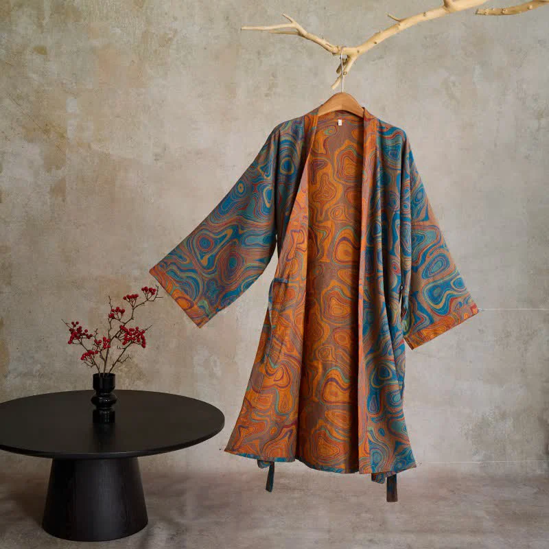 High-End Ownkoti Artistic Abstract Pattern Cotton Kimono Robe Carefully Designed