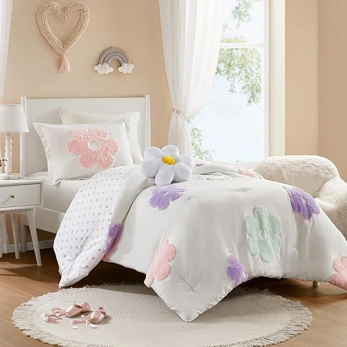 Minimalist Intelligent Design Kids Twin Comforter Set for Girls Tufted Chenille Floral Comforter Set Twin Lightweight Polka Dot Comforter Reversible Bed Set Sham Pillow Gracie Twin White Purple 3 Piece Specialty