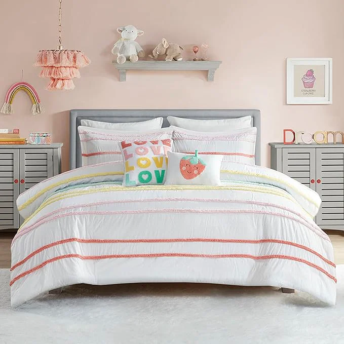 Consistent Intelligent Design Kids Full Cotton Comforter Set Casual Fun Colors Chenille Stripes All Seasons Fluffy Comforter Bed Set Shams Decor Pillows Haisley Full Queen Pink Multi 5 Piece Optimized