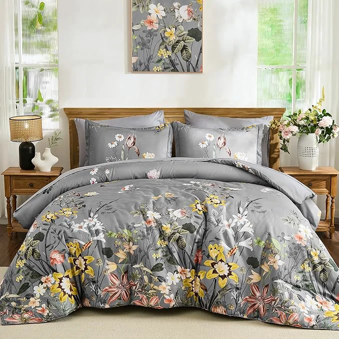 Stylish WONGS BEDDING Queen Comforter Set 7 Piece Grey Floral Bed in a Bag Bedding Set with Botanical Flowers Patterns Soft Lightweight Complete Comforters with Sheets for All Season Sophisticated