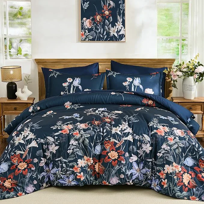 Practical WONGS BEDDING King Comforter Set 7 Piece Navy Blue Floral Bed in a Bag Bedding Set with Botanical Flowers Patterns Soft Lightweight Complete Comforters with Sheets for All Season Prestigious
