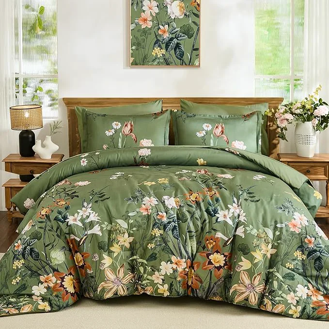 Efficient WONGS BEDDING Green Floral Comforter Set King 7 Piece Bed in a Bag Bedding Set with Botanical Flowers Patterns Soft Lightweight Complete Comforters with Sheets for All Season Convenient
