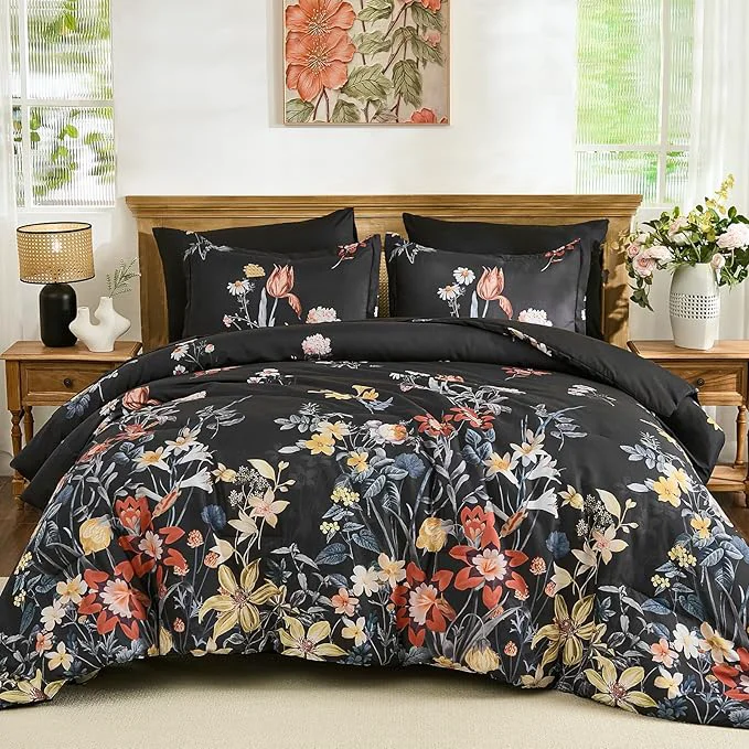 Durable WONGS BEDDING King Comforter Set 7 Piece Black Floral Bed in a Bag Bedding Set with Botanical Flowers Patterns Soft Lightweight Complete Comforters with Sheets for All Season Environmentally Friendly