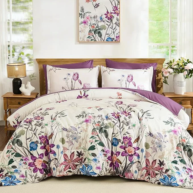 User-Friendly WONGS BEDDING King Comforter Set 7 Piece Purple Floral Bed in a Bag Bedding Set with Botanical Flowers Patterns Soft Lightweight Complete Comforters with Sheets for All Season Reliable