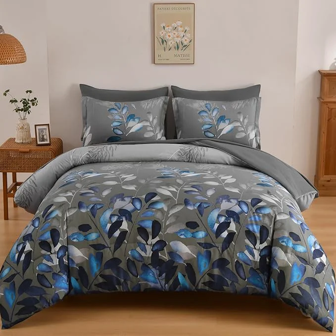 Breathable Anibedding Botanical Queen Comforter Set 7 Piece Grey Blue Leaves Ultra Soft Microfiber Down Bedding Set with Sheets and Pillowcase for All Season Certified