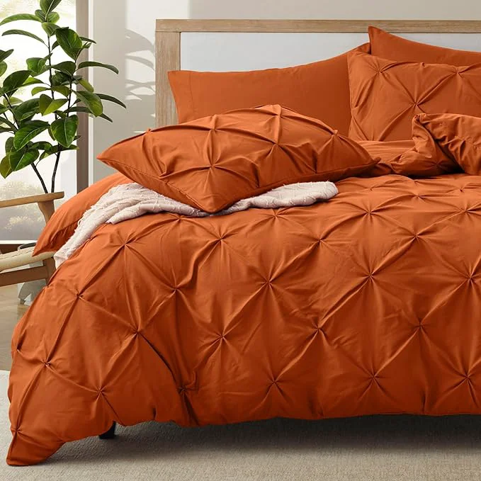Advanced VACVELT 5 Piece Pinch Pleated Duvet Cover King Size Set Burnt Orange Pintuck Duvet Cover with Zipper amp 8 Ties Shabby Chic Microfiber Duvet Cover 2 Pillow Shams 2 Pillowcases No Comforter Professional