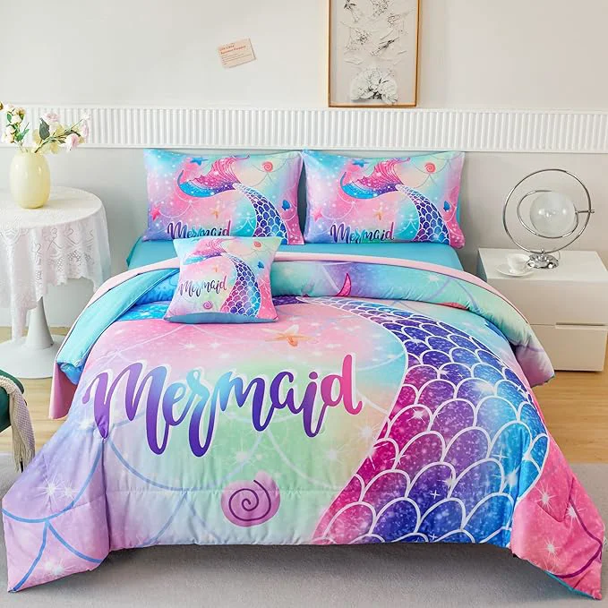 Functional RYNGHIPY Mermaid Twin Girls Bedding Set Colorful Rainbow Kids Girls Comforter Set with Sheets Soft and Lightweight 6 Pieces Teen Girls Bed in a Bag Relaxed