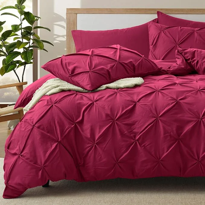Modern VACVELT 5 Piece Pinch Pleated Duvet Cover King Size Set Burgundy Pintuck Duvet Cover with Zipper amp 8 Ties Shabby Chic Microfiber Duvet Cover 2 Pillow Shams 2 Pillowcases No Comforter Safe