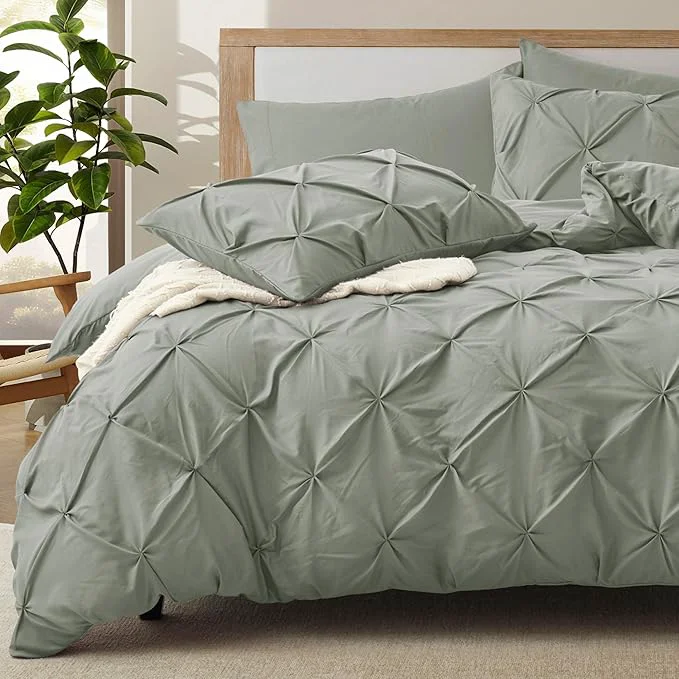 Fast VACVELT 5 Piece Pinch Pleated Duvet Cover Full Queen Size Set Light Gray Pintuck Duvet Cover with Zipper amp 8 Ties Shabby Chic Microfiber 2 Pillow Shams 2 Pillowcases No Comforter Crafted