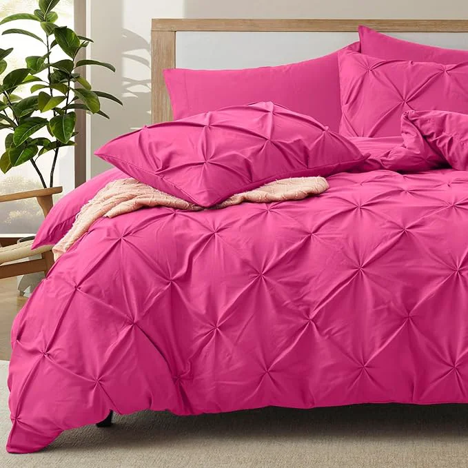 Crafted VACVELT 5 Piece Pinch Pleated Duvet Cover King Size Set No Comforter Hot Pink Pintuck Duvet Cover with Zipper amp 8 Ties Shabby Chic amp Microfiber 2 Pillow Shams 2 Pillowcases Fashionable