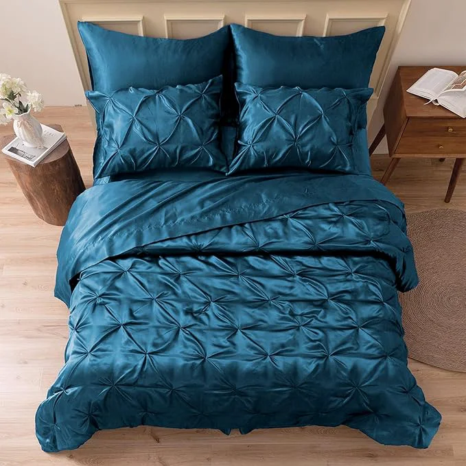 Original Design MR amp HM Satin Comforter California King 7 Pieces Teal – Luxurious Pinch Pleat Bedding Set with Comforter Flat Sheet Fitted Sheet Pillowcases amp Shams Super Silky Soft Bed Set for All Season High-Performance