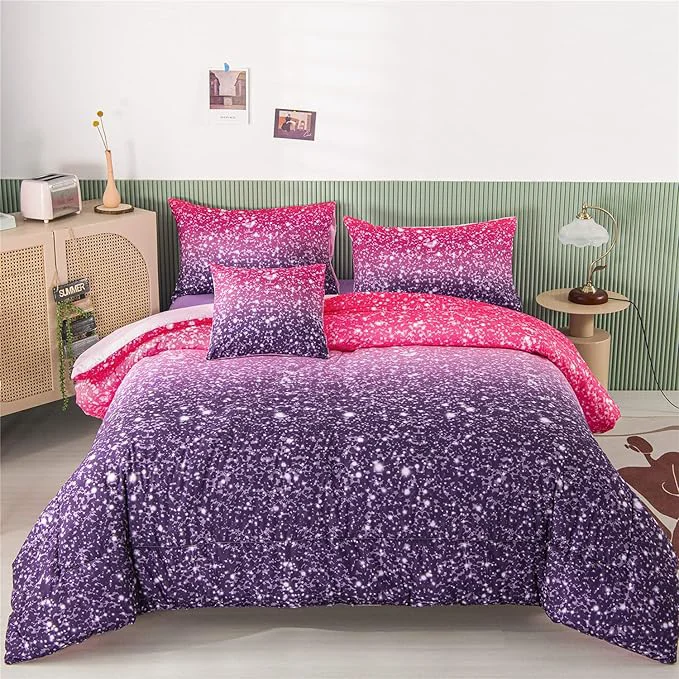 Enhanced RYNGHIPY 6Pcs Queen Gradient Pink Purple Glitter Comforter Sets for Teens Girls Kids Colorful Rainbow Glitter Themed Bedding Set Exceptional