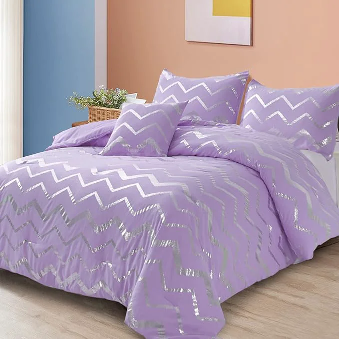 Comfortable Menghomeus Purple Silver Comforter Set Full Metallic Print Glitter Bed Comforter Cute Shinny Bedding for Teen Girls Kids Women 4 Piece 2 Pillowcases 1 Decorative Pillow Sham Safe