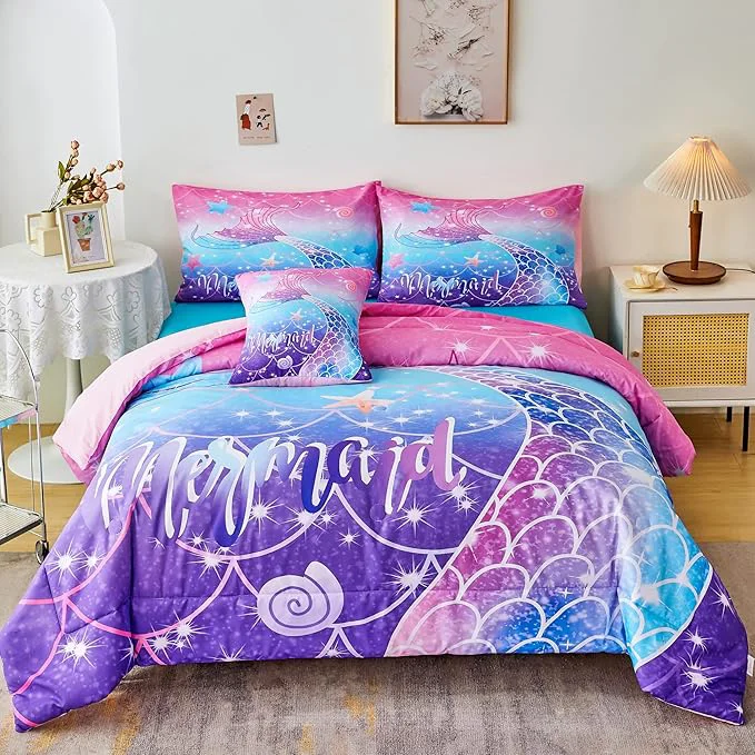Relaxed RYNGHIPY Mermaid Comforter Set 6Pcs Kids Gilrs Bed in a Bag Twin Size Mermaid Tail Print Teens Girls Bedding Set Rainbow Bedding Collections Genuine