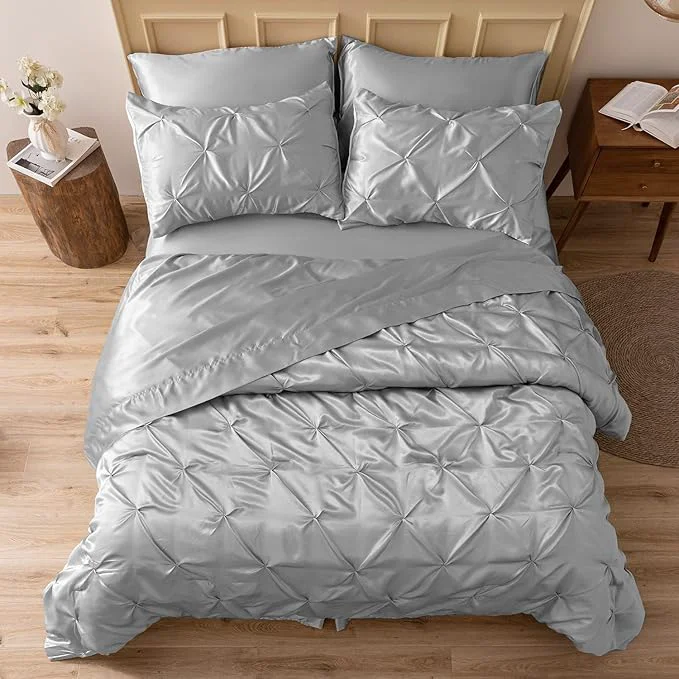 Reliable MR amp HM Satin Comforter Full 7 Pieces – Luxurious Pinch Pleat Bedding Set with Comforter Flat Sheet Fitted Sheet Pillowcases amp Shams Super Silky Soft Bed Set for All Season Full Silver Grey Sustainable