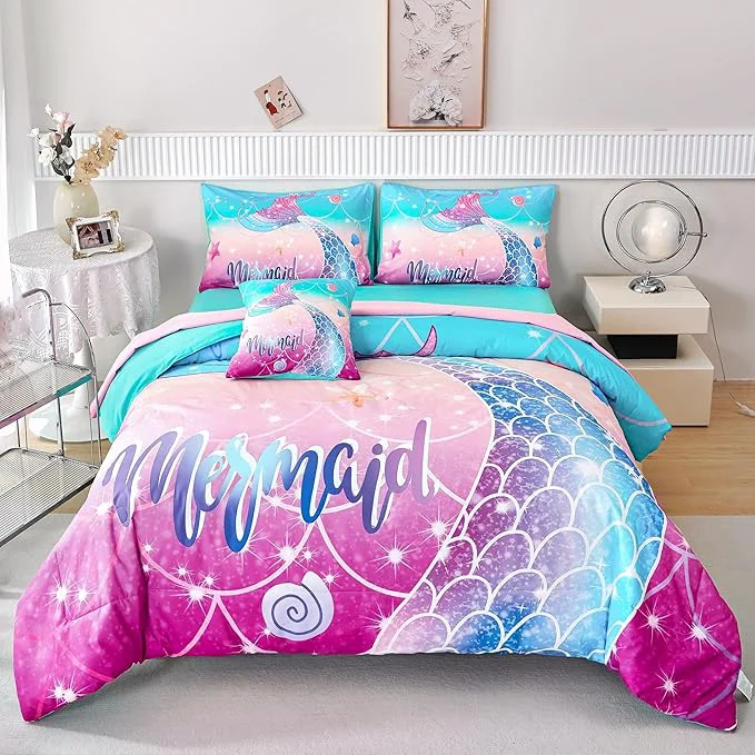 Prestigious RYNGHIPY Kids Girls Comforter Set 6Pcs Mermaid Bed in a Bag Twin Size Fish Tail Print Teens Girls Bedding Set Rainbow Bedding Collections Authentic